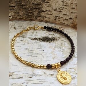 Genuine Garnet & Gold Beads In Assymetric Half And Half Design Choker Necklace